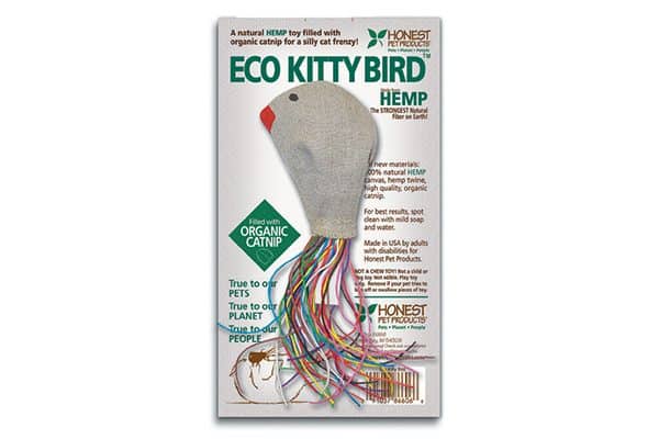 Made from natural hemp canvas and twine, the Eco Kitty Bird is filled with high-quality organic catnip and features a rattle for extra fun. honestpetproducts.com