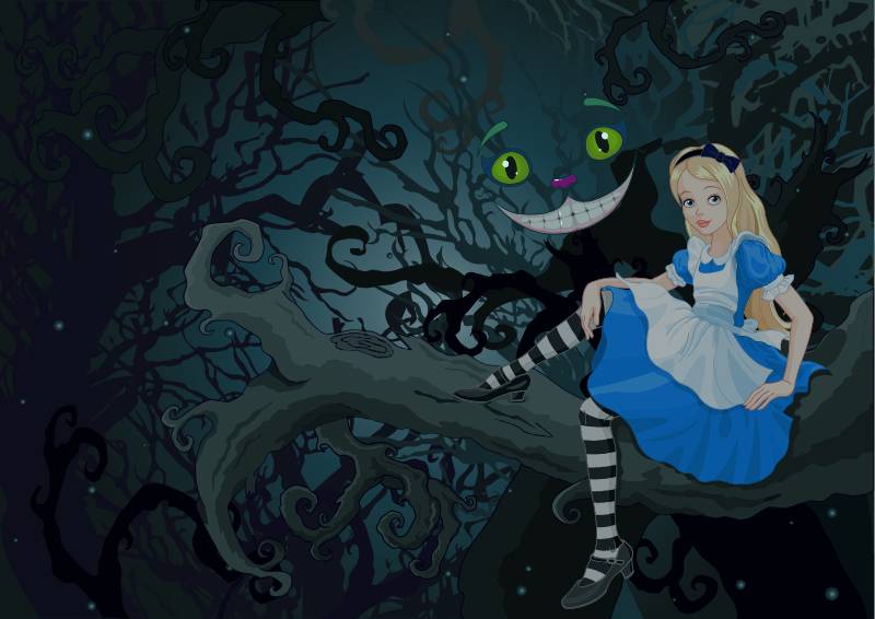 Alice sitting on a branch on the Wonder forest with a Cheshire Cat
