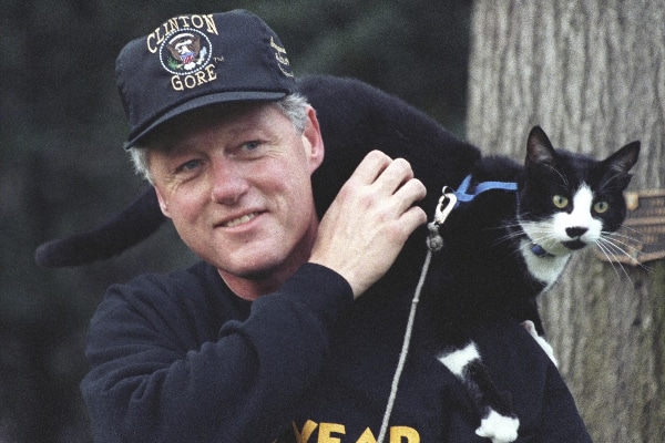 President Bill Clinton with Socks the Cat perched on his shoulder. March 7, 1995.