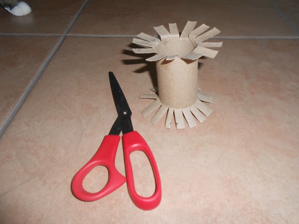 A homemade toilet paper roll cat toy.