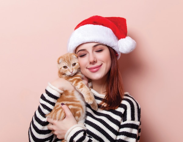 Portrait of a young redhead woman in Santa Claus hat with ginger scottish fold cat on pink background