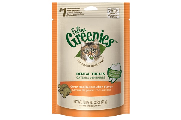 Dental Treats Oven Roasted Chicken Flavor, Feline Greenies™ (prices vary at retailers). greenies.com