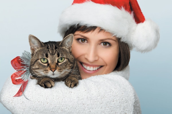 Cat and human holiday photo together.