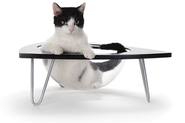 TriPod Cat Lounge from the Hauspanther Collection by Primetime Petz incorporates a clear plastic lounge pod for cats who like to sit in sinks.