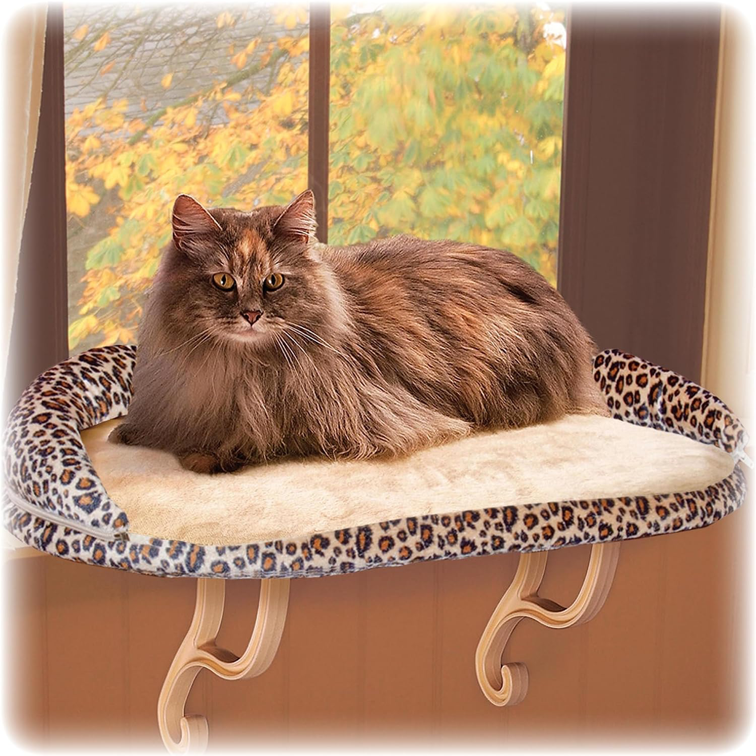 K&H Pet Products Deluxe Kitty Sill w_ Bolster Cat Window Bed, Cat Window Perch for Large Cats, Cat Window Hammock, Cat Window Seat, Window Cat Bed, Cat Perch Cat Hammock –Tan Leopard Print new