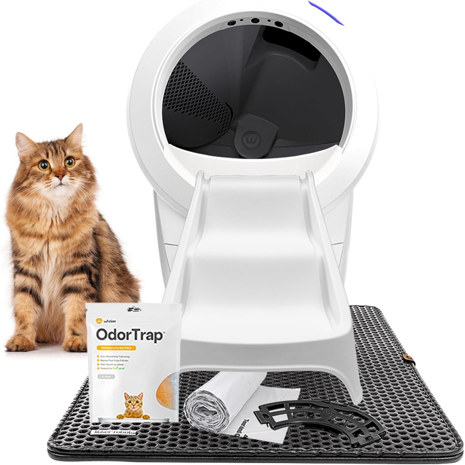 Litter-Robot 4 Bundle by Whisker, White - Automatic, Self-Cleaning Cat Litter Box, Includes Litter-Robot 4, 6 OdorTrap Pack Refills, 50 Waste Drawer Liners, Ramp, Mat & Fence New