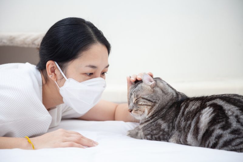 woman-wearing-mask-while-petting-her-cat