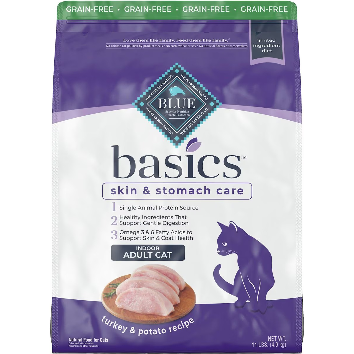 Blue Buffalo Basics Skin & Stomach Care Grain-Free Turkey & Potato Recipe Indoor Adult Dry Cat Food