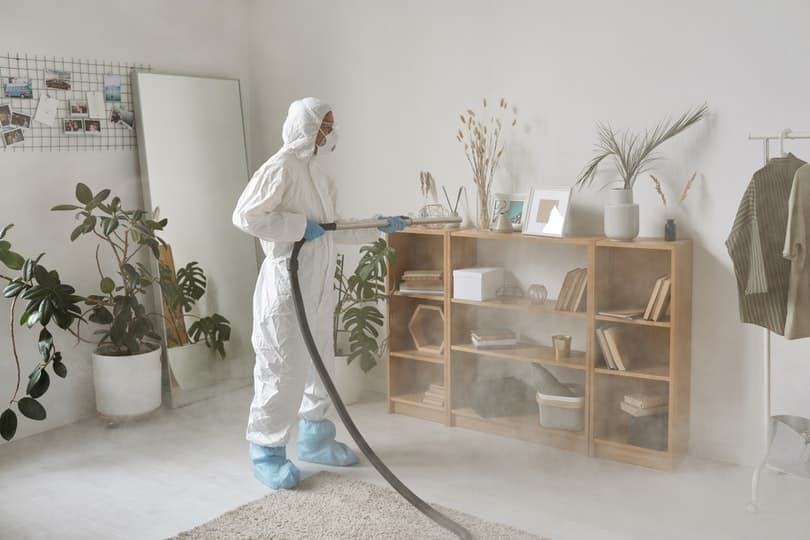 Exterminator fumigating a room
