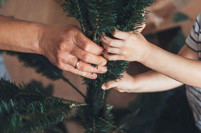 Father and son trying to assemble the artificial Christmas tree together