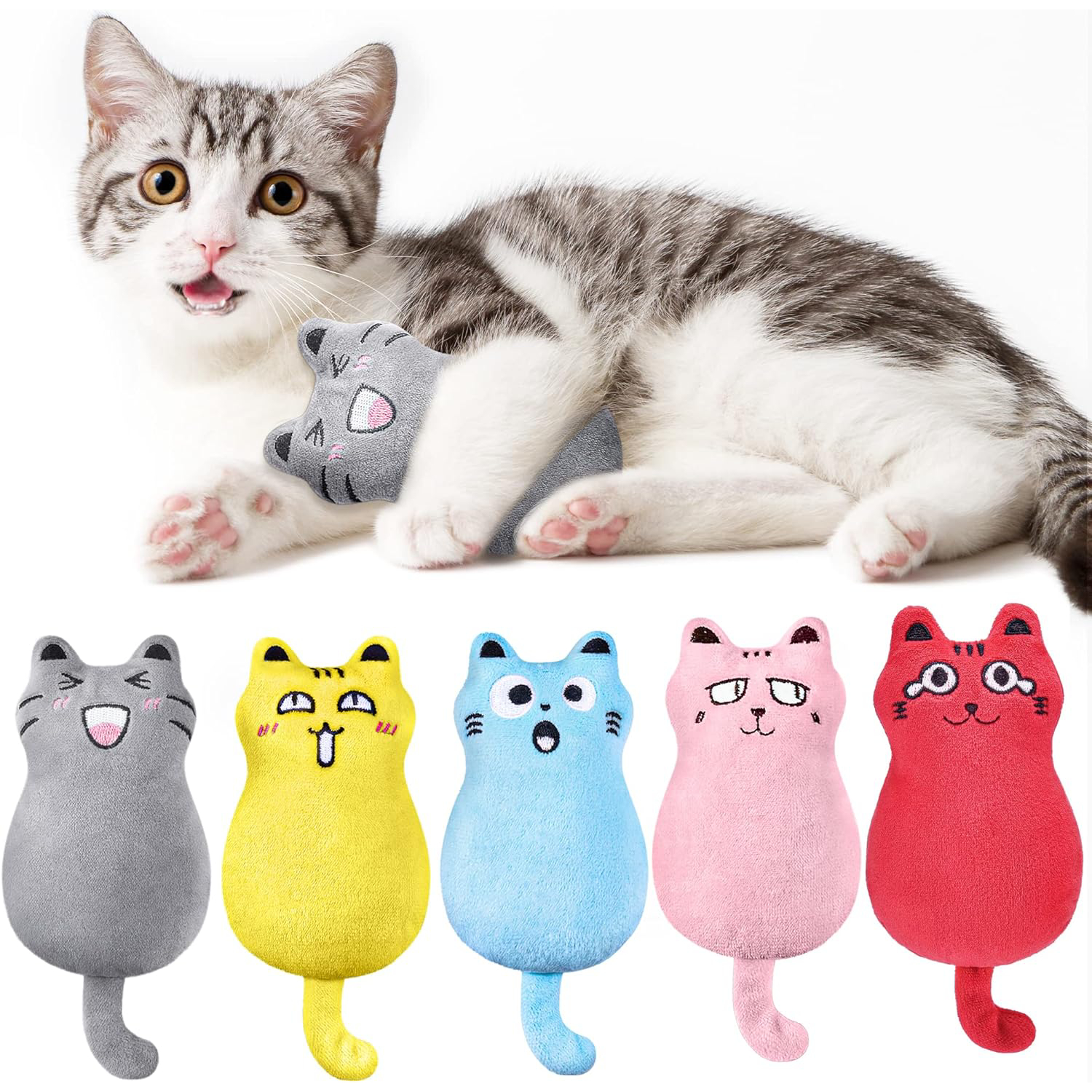 Feeko 5Pcs Catnip Toys, Cat Pillow Toys, Rattle Sound, Cat Toys for Indoor Cats Interactive with Cute Cat Toy Set, Cat Teething Chew Toy, Bite Resistant Catnip Toys Plush Gift new