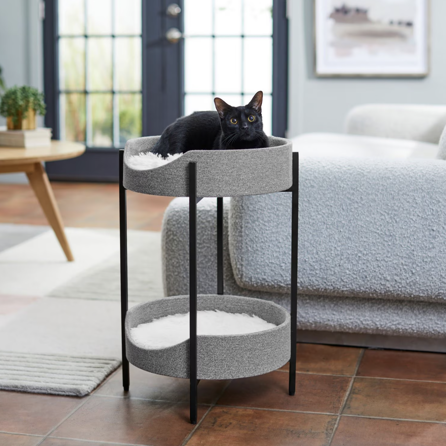 Frisco Elevated Modern Wrought Iron Cat Bed with Long Faux Fur Cushion