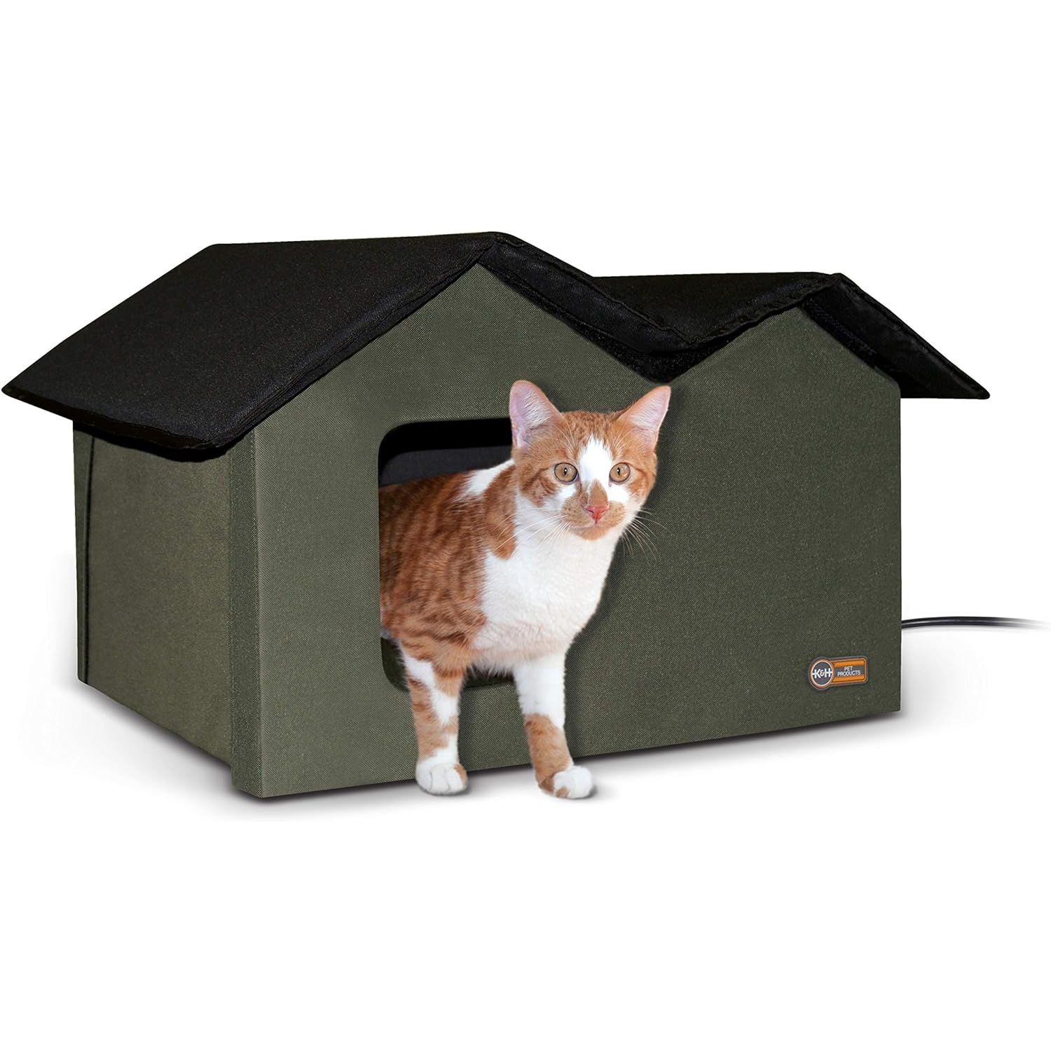 K&H Pet Products Outdoor Heated Cat House Extra-Wide Cat Shelter for Two, Olive, 26.5 X 21.5 X 15.5 Inches new