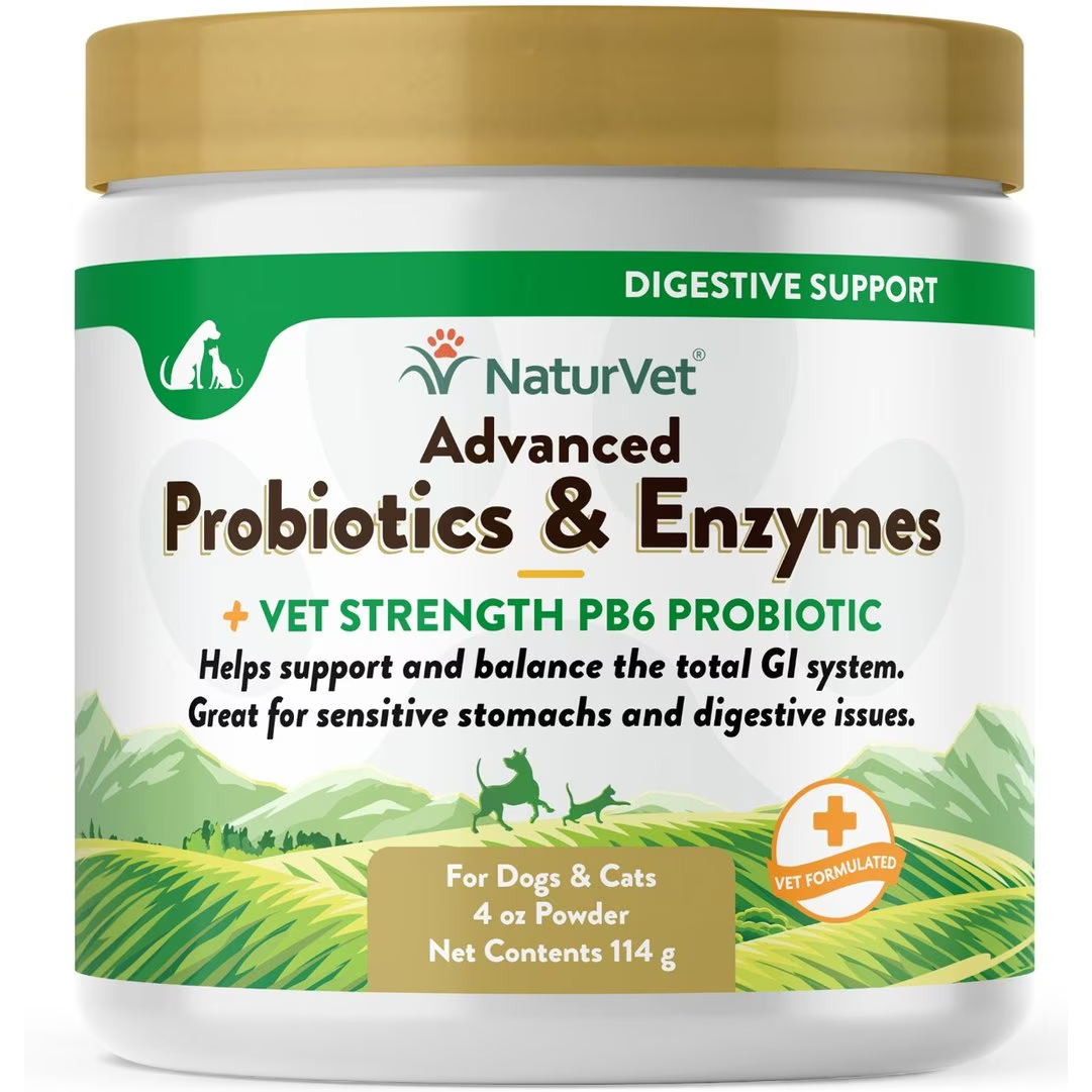 NaturVet Advanced Probiotics & Enzymes Plus Vet Strength PB6 Probiotic Powder Digestive Supplement for Cats & Dogs