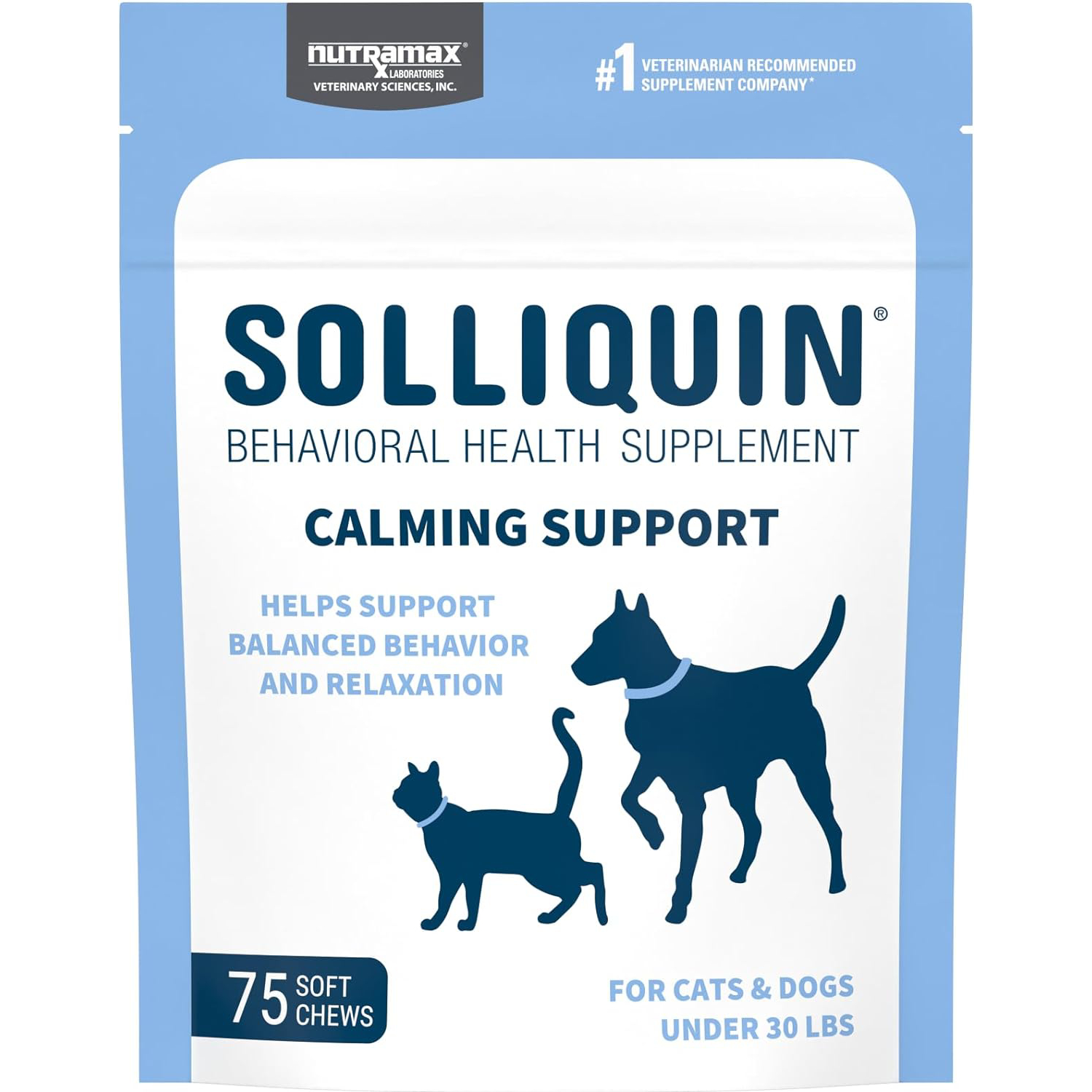 Nutramax Solliquin Calming Behavioral Health Supplement for Small to Medium Dogs and Cats - with L-Theanine, Magnolia_Phellodendron, and Whey Protein Concentrate, 75 Soft Chews New