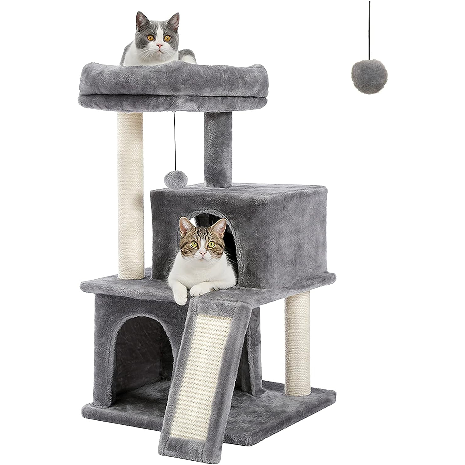 PAWZ Road 34 Inches Cat Tree Multilevel Cat Tower with Double Condos, Spacious Perch, Fully Wrapped Scratching Sisal Post and Replaceable Dangling Balls Gray New