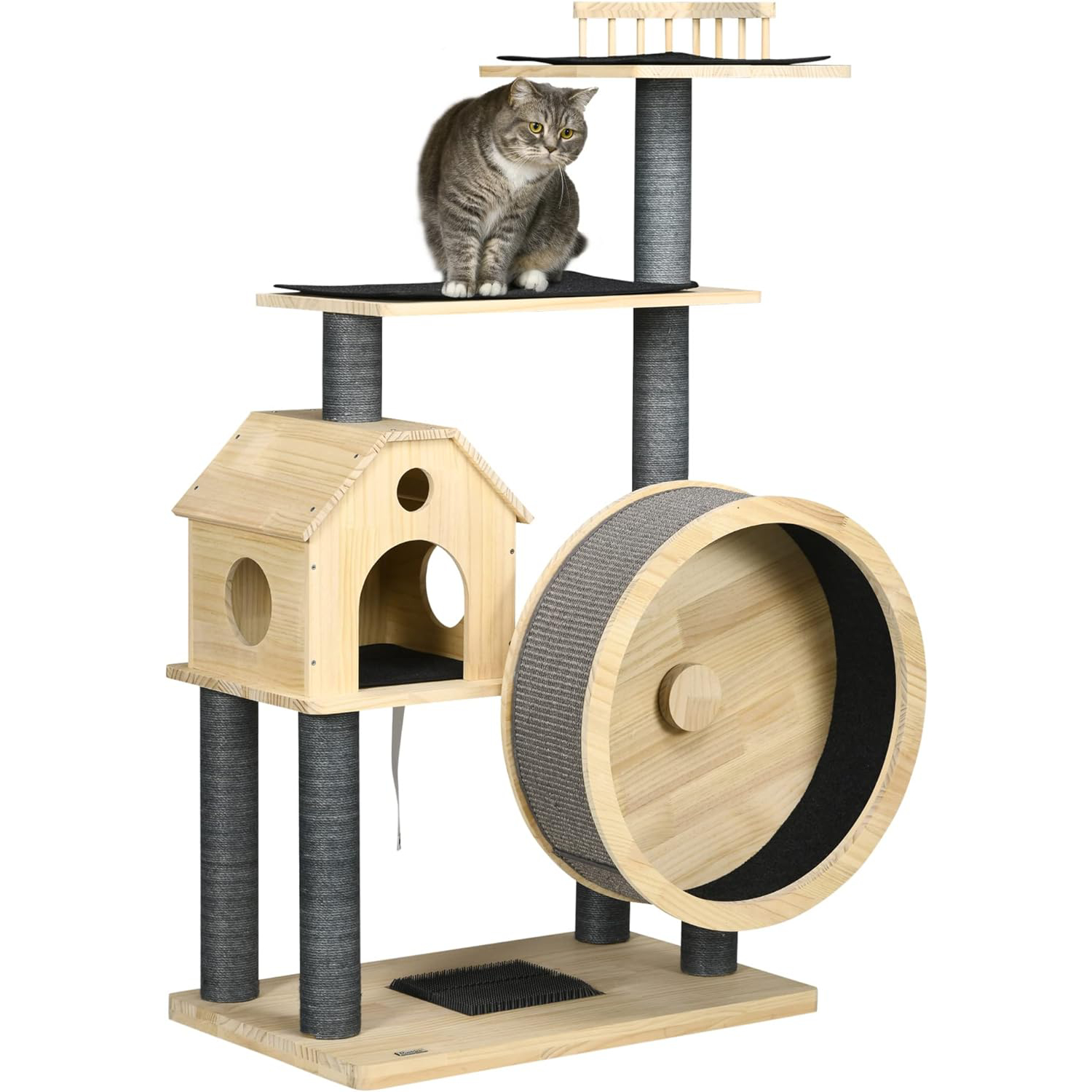 PawHut 56 Cat Tree Activity Condo Luxury Pine Wood with Hamster Wheel Sisal Scratching Posts Elevated Perches & Roomy Interior New