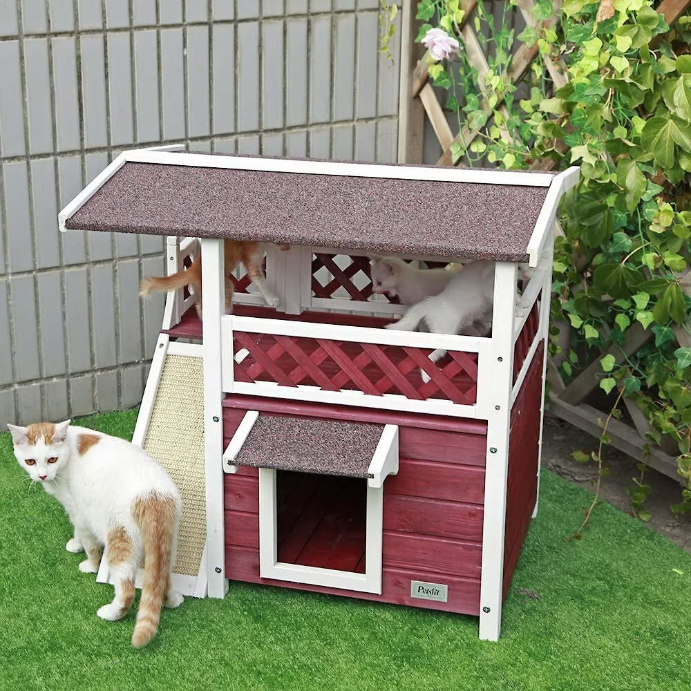 Petsfit Outdoor Cat House with Scratching Pad, Red new