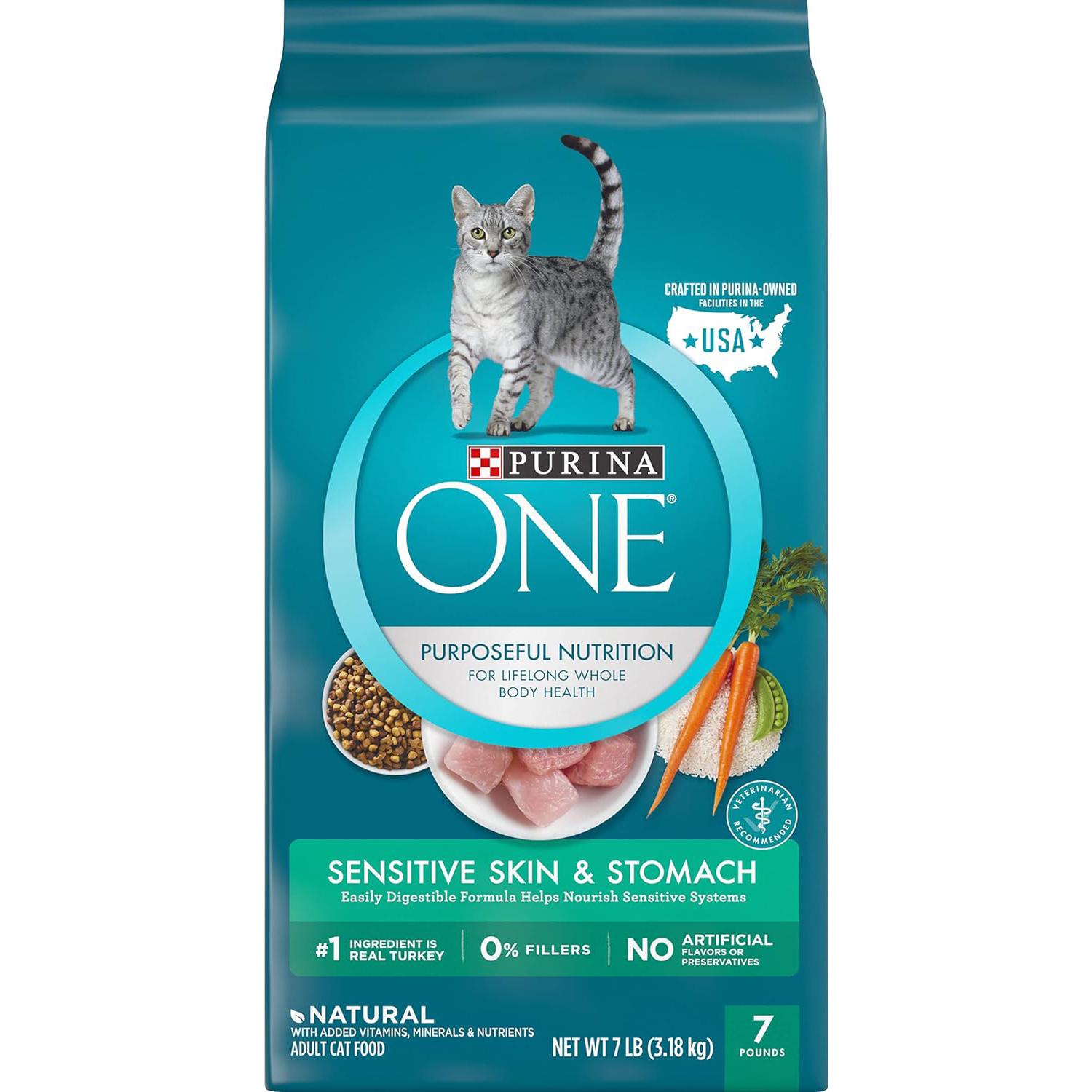 Purina ONE Sensitive Stomach, Sensitive Skin, Natural Dry Cat Food, +Plus Sensitive Skin and Stomach Formula - 7 lb. Bag New