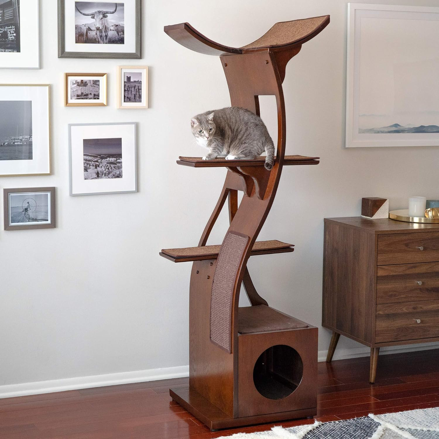 THE REFINED FELINE 69 Inch Tall Mahogany Brown Lotus Cat Tower