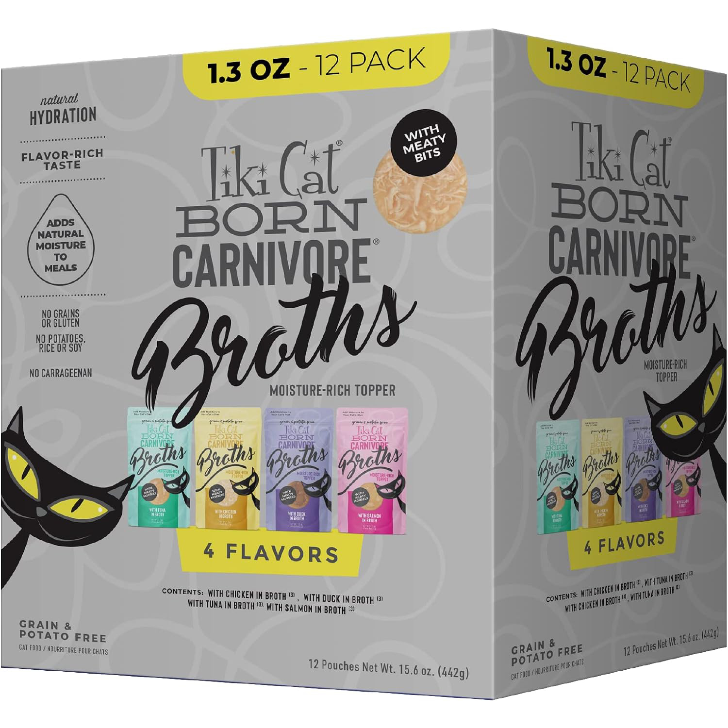 Tiki Cat Born Carnivore Broths Variety Pack, Meaty Bites, Hydration and Flavor Supplement Wet Cat Food Topper, 1.3 oz. Pouch (Pack of 12) new