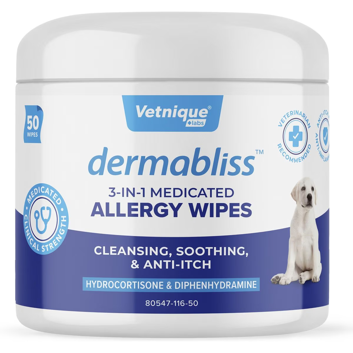 Vetnique Labs Dermabliss Medicated Hydrocortisone 3-In-1 Allergy Cat & Dog Wipes