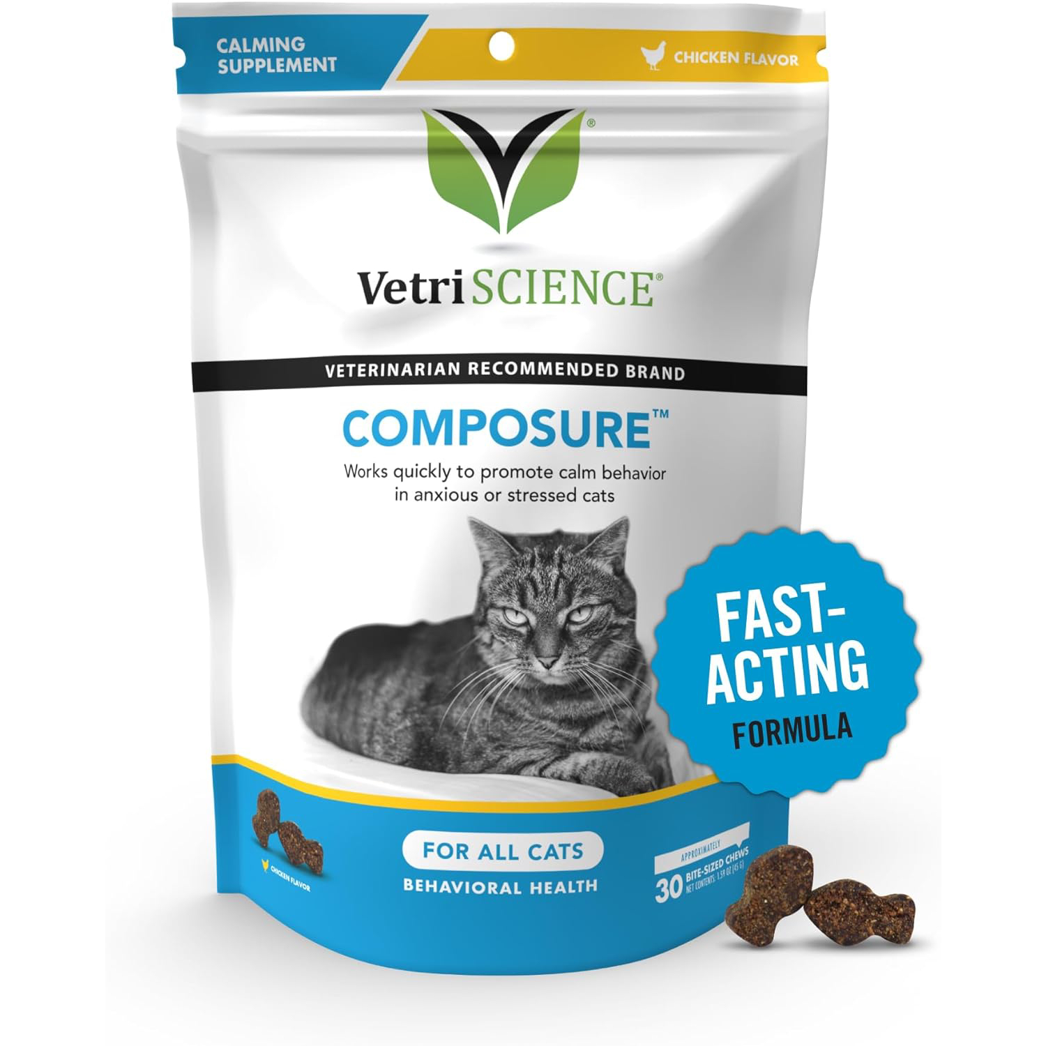 VetriScience Composure, Calming Formula for Cats, 30 Bite-Sized Chews New