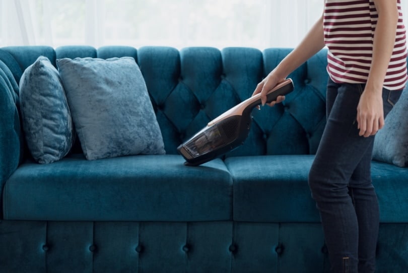 Woman vacuuming a blue couch