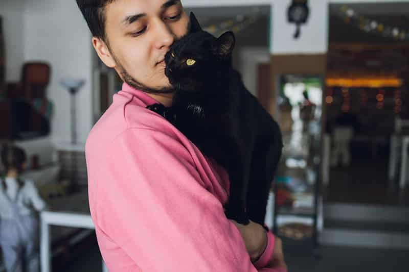 Young man in white t shirt holding a black Scottish fold cat