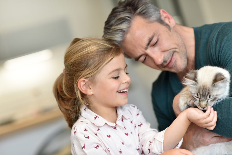 dad with child petting a cat