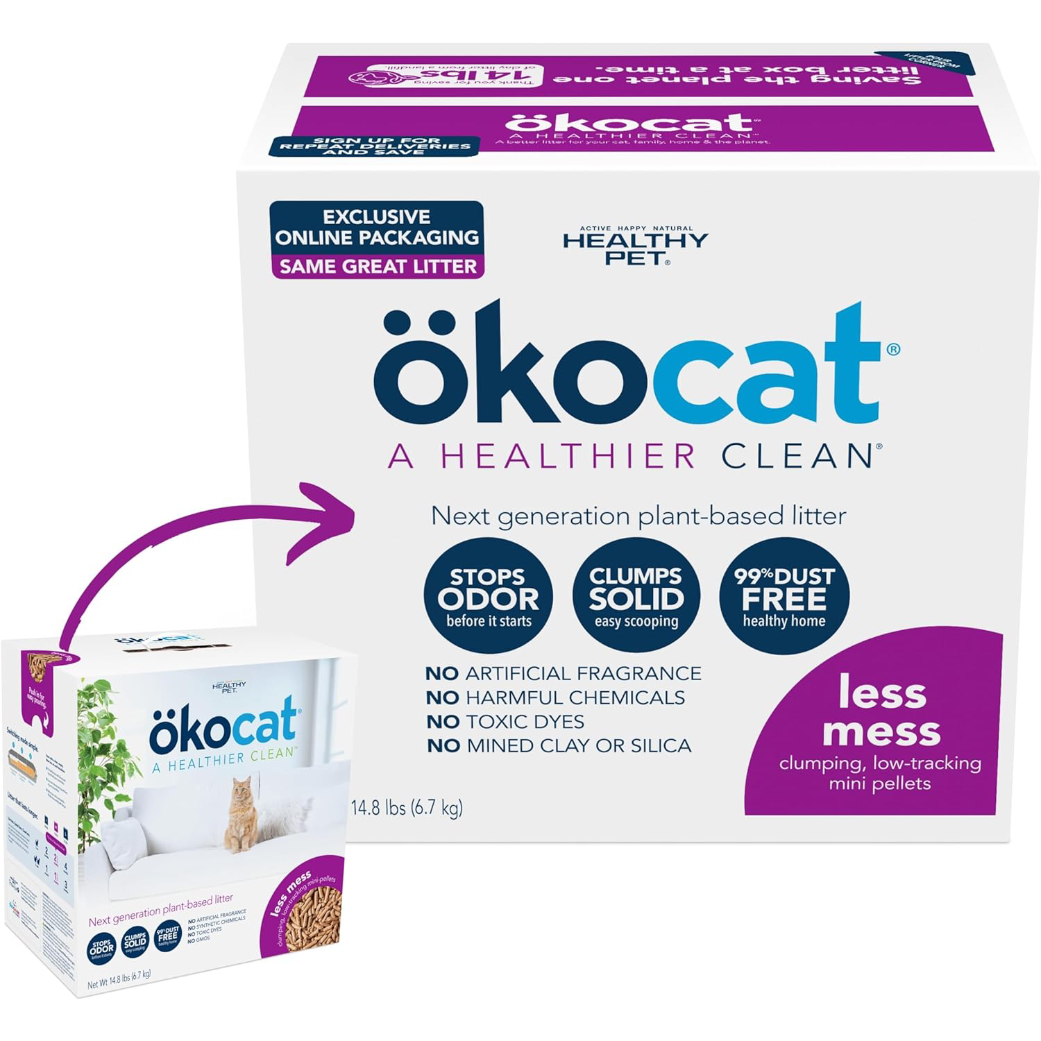 ökocat Less Mess Natural Wood Clumping Cat Litter Mini-Pellets, Great for Long-Hair Breeds, Medium, 14.8 lbs. (Packaging May Vary) new