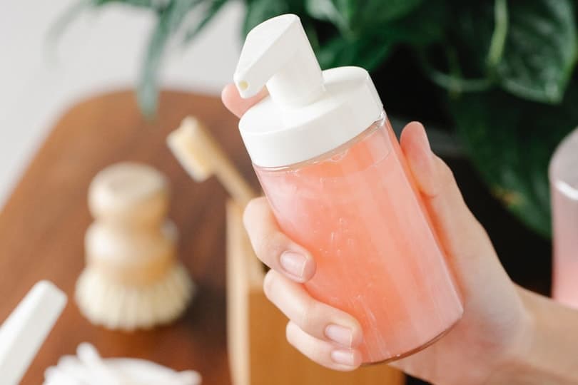person's hand holding a hand soap bottle