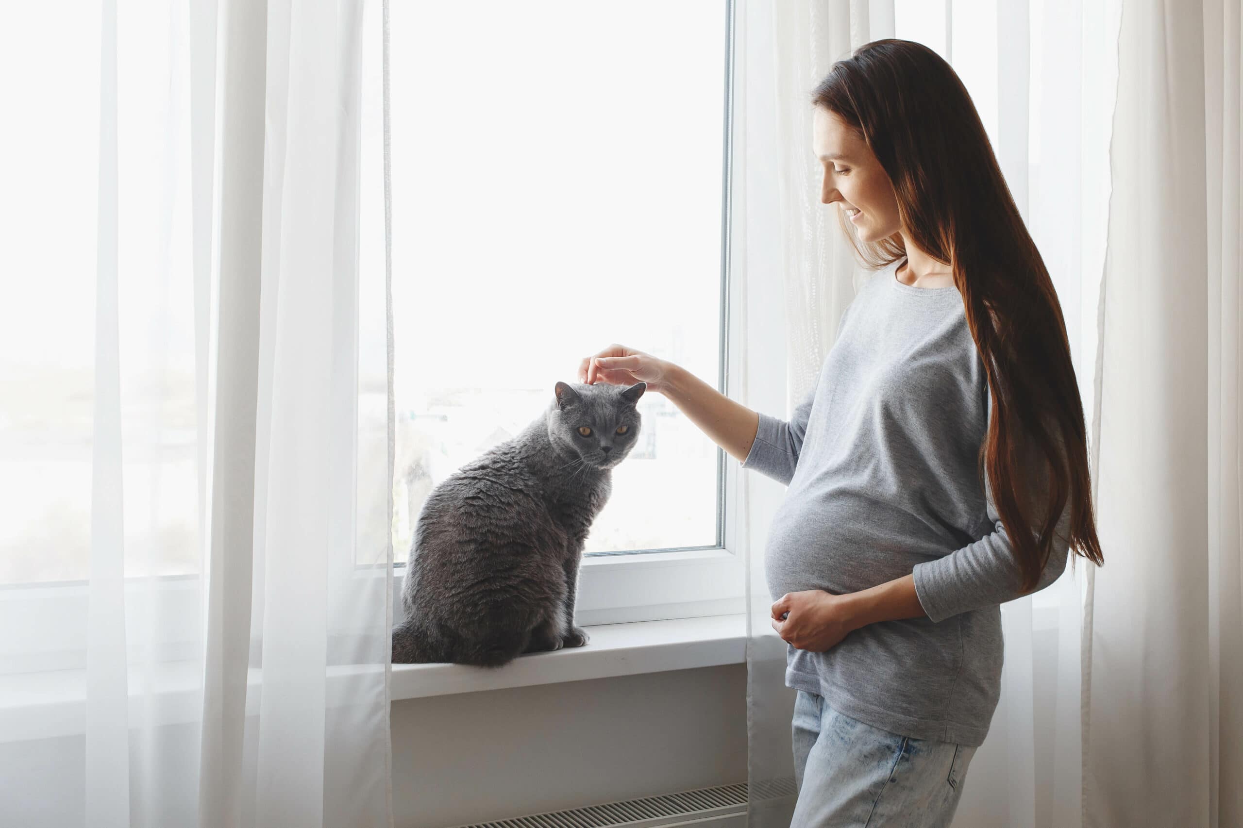 pregnant woman stroking her cat