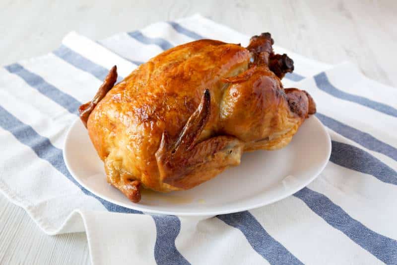 rotisserie chicken on white plate