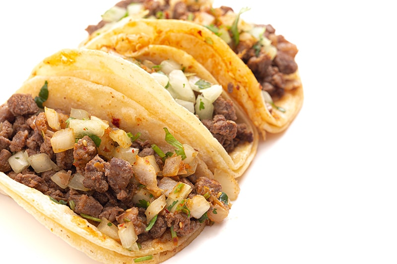 three beef steak tacos