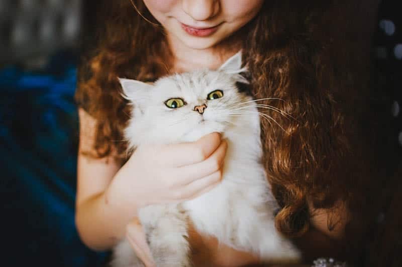 woman petting her white cat
