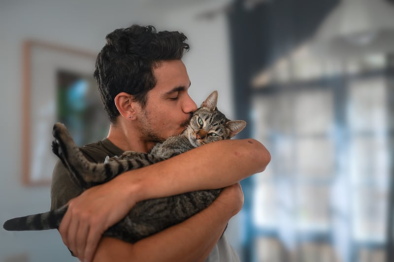 young man kissing a tabby cat in his arms