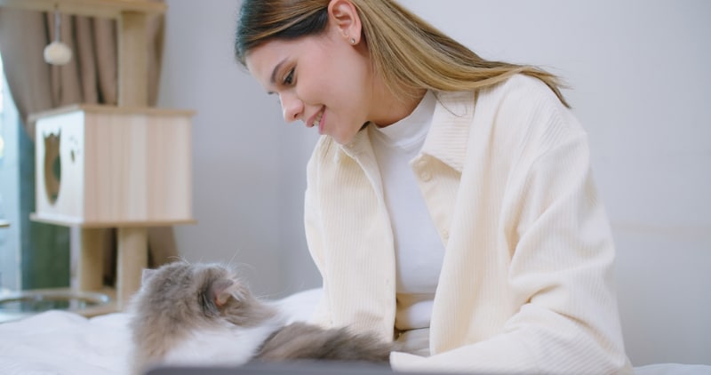 young woman talking and stroking her cat