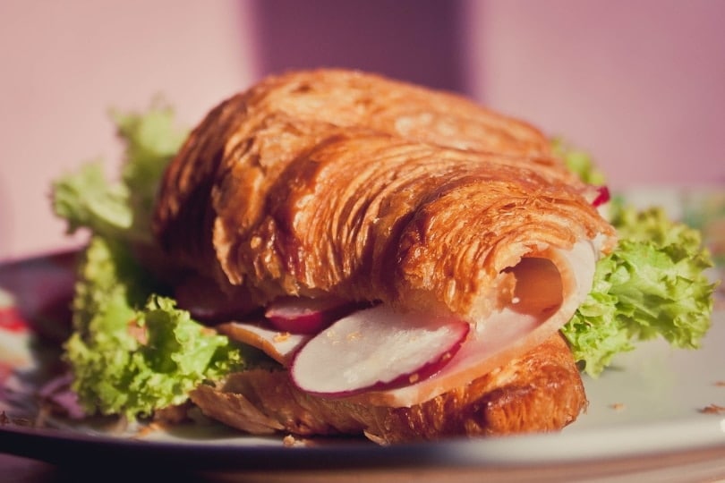Croissants with ham, radishes and lettuce
