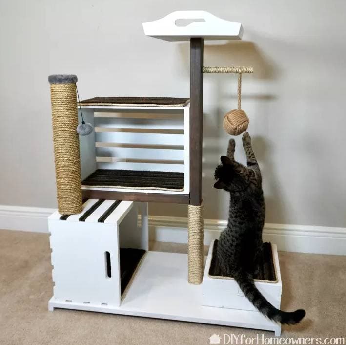 DIY Wood Crate Cat Tower With Bonus Cat Toy Storage