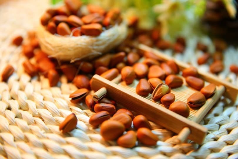 Pine nuts in a woven tray