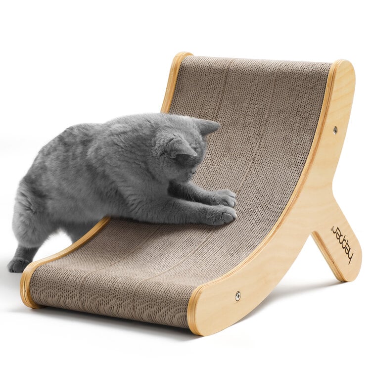 grey cat using hepper hi-lo cat scratcher from side