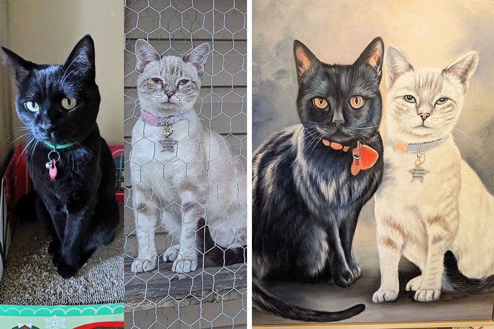 portraits of noodles and nutmeg vs their oil painting