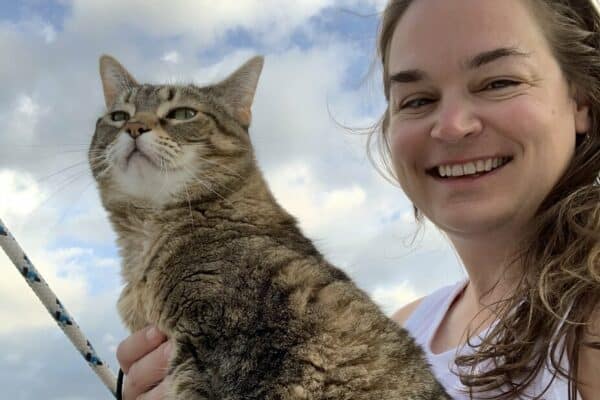 Dr. Lauren and Pancake on the sailboat
