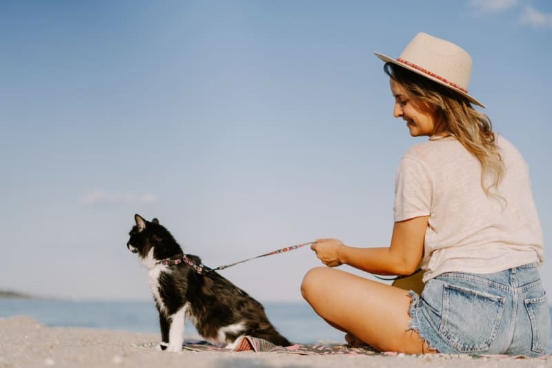 woman and her cat in the beach