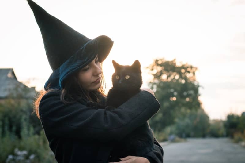 woman in hallowen costume holding cat