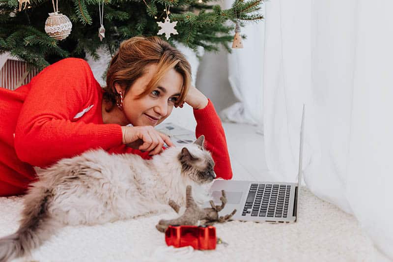 woman in red sweater watching laptop beside white cat