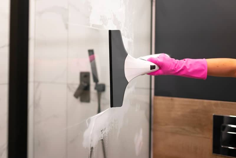 Woman cleaning a glass wall with squeegee