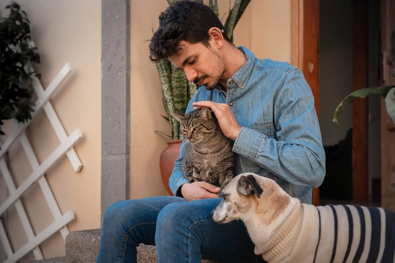 man sitting beside his dog while petting his cat