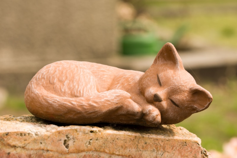 sleeping cat statue on a memorial stone